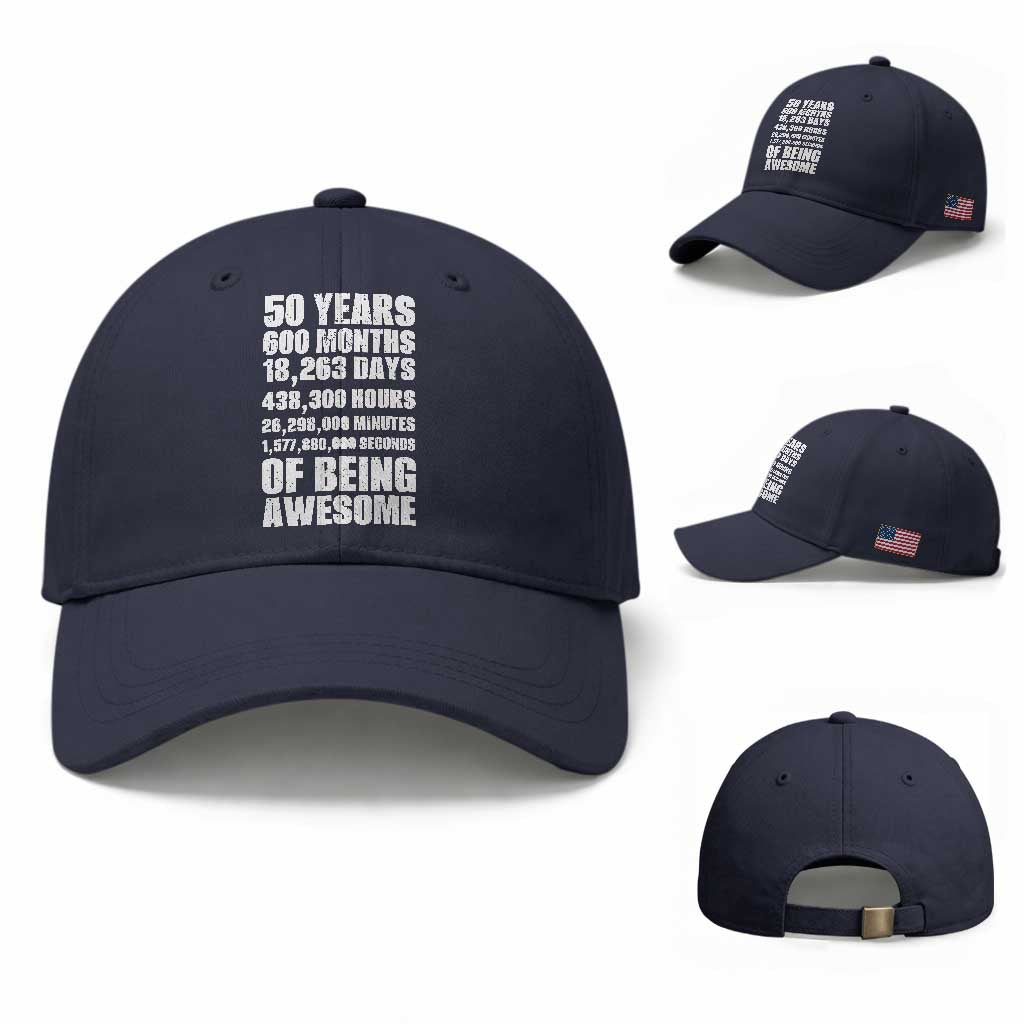 50 Years Of Being Awesome Baseball Cap 50th Birthday Gift Idea TS12 Baseball Cap Universal Fit Navy Print Your Wear