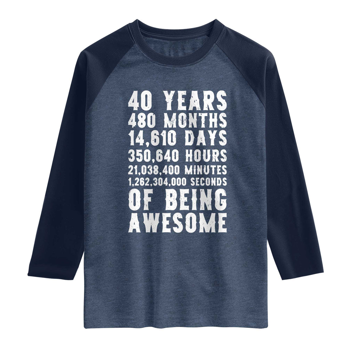 40 Years of Being Awesome Raglan Shirt Vintage 1986 Fortieth Birthday Graphic TS12 Heather Denim Navy Print Your Wear