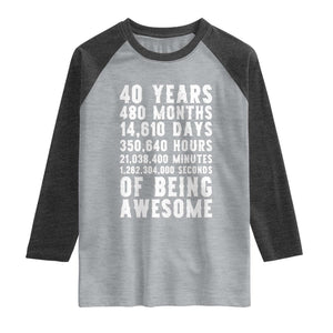40 Years of Being Awesome Raglan Shirt Vintage 1986 Fortieth Birthday Graphic TS12 Heather Gray Heather Charcoal Print Your Wear