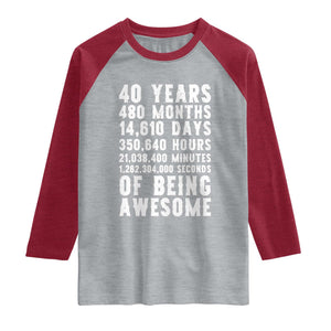 40 Years of Being Awesome Raglan Shirt Vintage 1986 Fortieth Birthday Graphic TS12 Heather Gray Heather Red Print Your Wear
