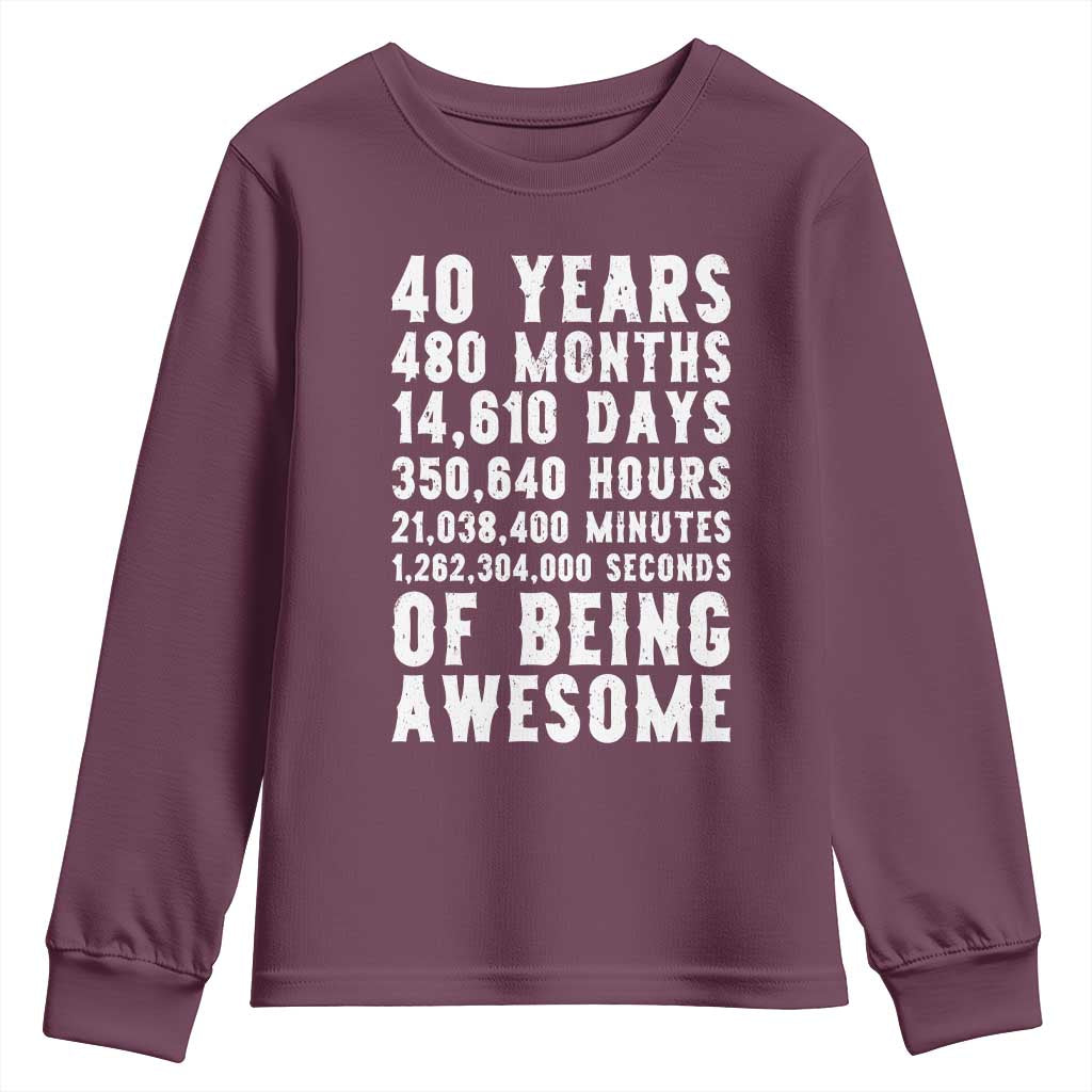 40 Years of Being Awesome Youth Sweatshirt Vintage 1986 Fortieth Birthday Graphic TS12 Maroon Print Your Wear