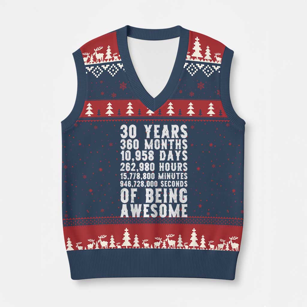 Funny 30th Birthday V-Neck Knit Sweater Vest Thirty Years Of Being Awesome TS12 Navy Red Print Your Wear