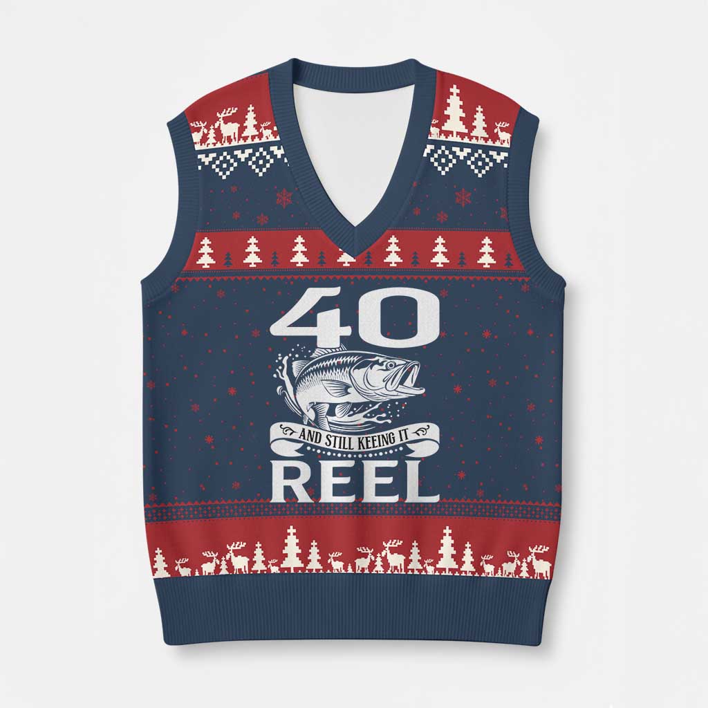 Still Keeping It Reel At 40 V-Neck Knit Sweater Vest Fisherman Birthday Gift TS12 Navy Red Print Your Wear