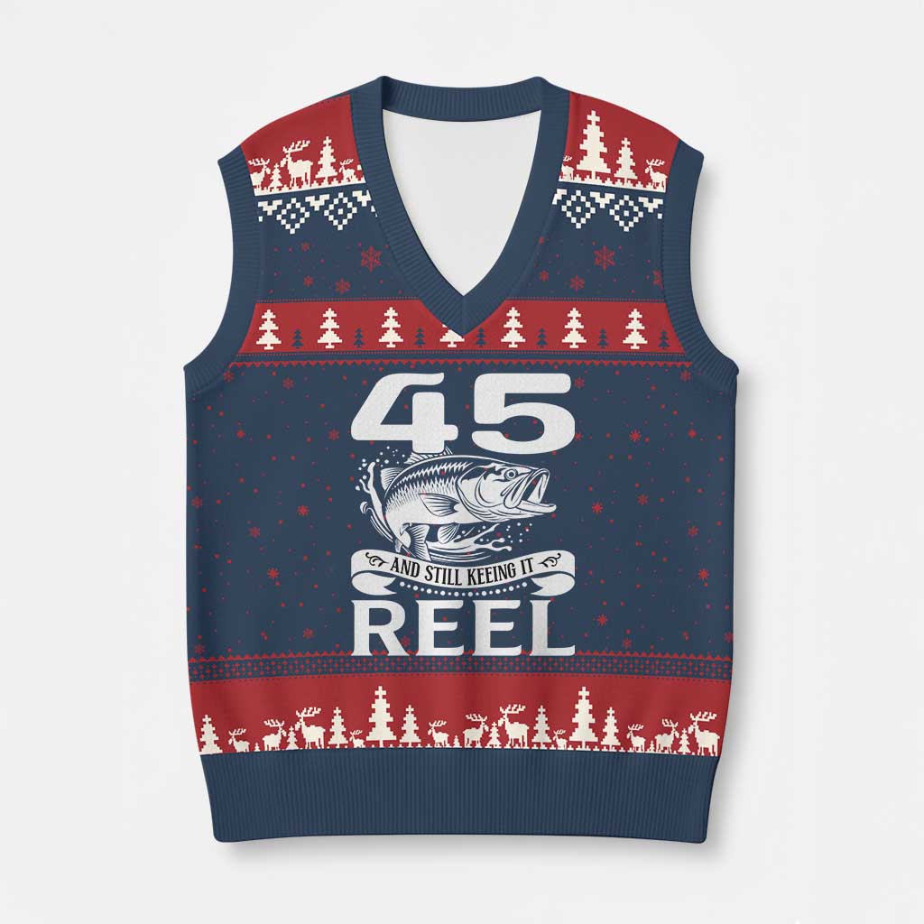 Still Keeping It Reel At 45 V-Neck Knit Sweater Vest Fisherman Birthday Gift TS12 Navy Red Print Your Wear