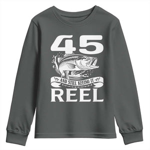 Still Keeping It Reel At 45 Youth Sweatshirt Fisherman Birthday Gift TS12 Dark Heather Print Your Wear