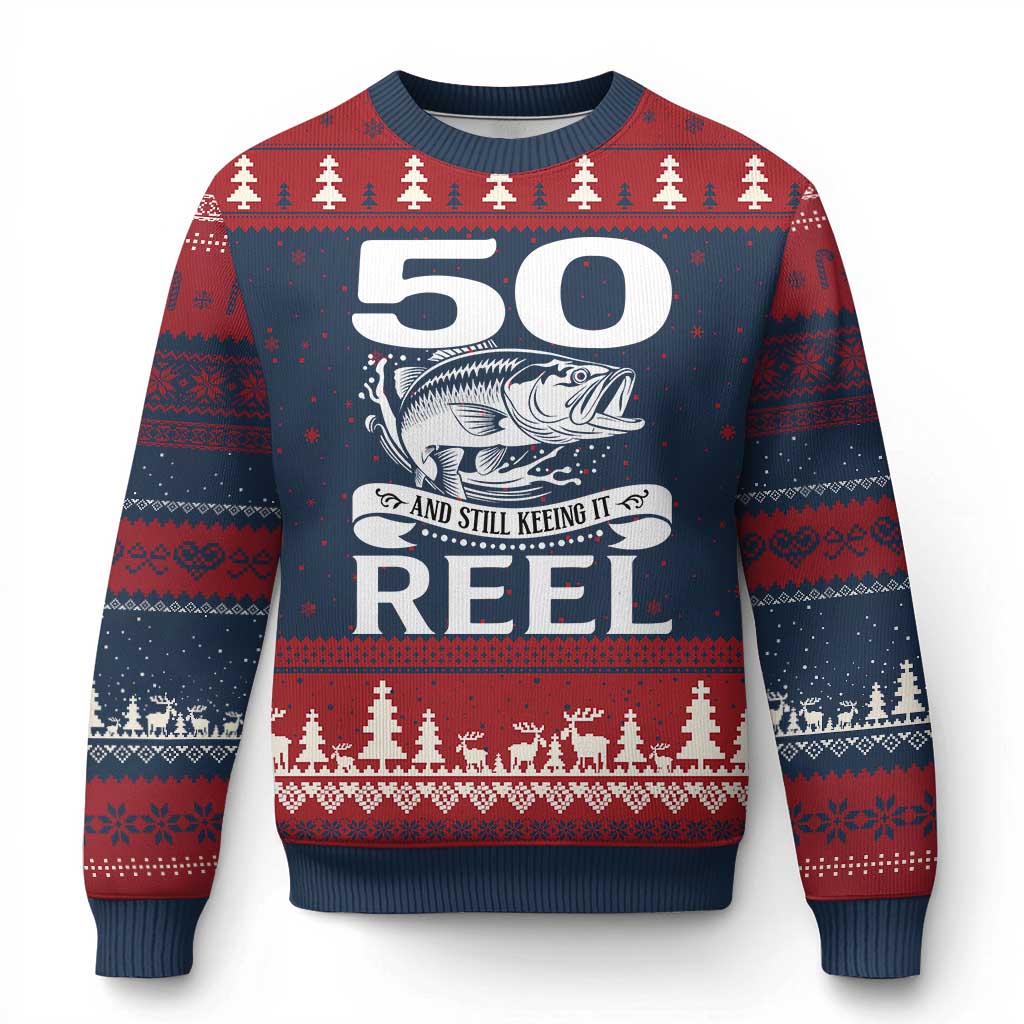 Still Keeping It Reel At 50 Ugly Christmas Sweater Fisherman Birthday Gift TS12 Navy Red Print Your Wear