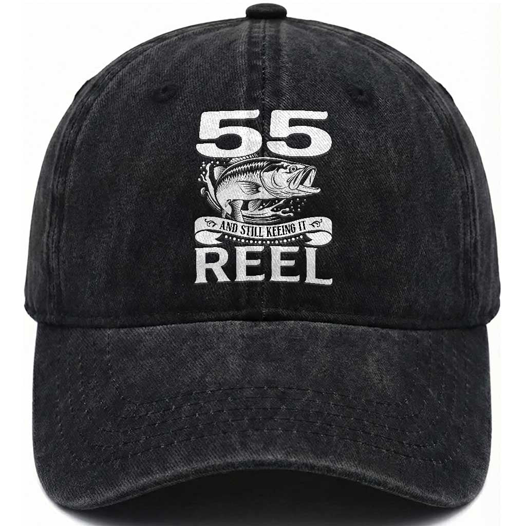 Still Keeping It Reel At 55 Washed Cotton Baseball Cap Fisherman Birthday Gift TS12 Print Your Wear