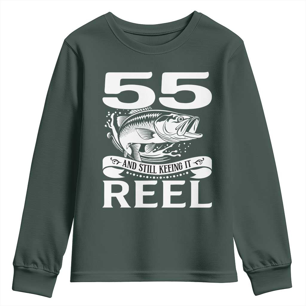 Still Keeping It Reel At 55 Youth Sweatshirt Fisherman Birthday Gift TS12 Dark Forest Green Print Your Wear
