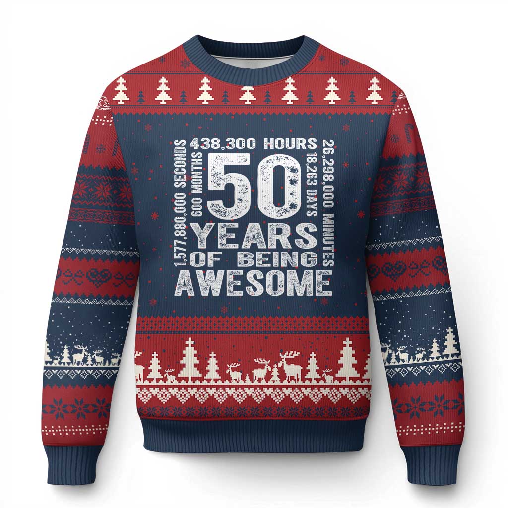 Funny 50th Birthday Gift Ugly Christmas Sweater 50 Years Of Being Awesome TS12 Navy Red Print Your Wear