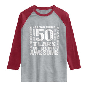 Funny 50th Birthday Gift Raglan Shirt 50 Years Of Being Awesome TS12 Heather Gray Heather Red Print Your Wear