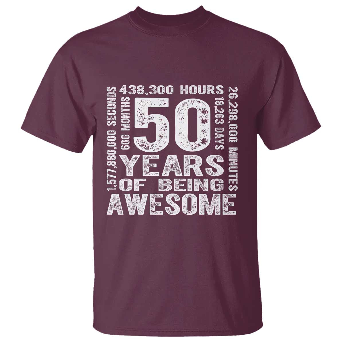 Funny 50th Birthday Gift T Shirt 50 Years Of Being Awesome TS12 Maroon Print Your Wear
