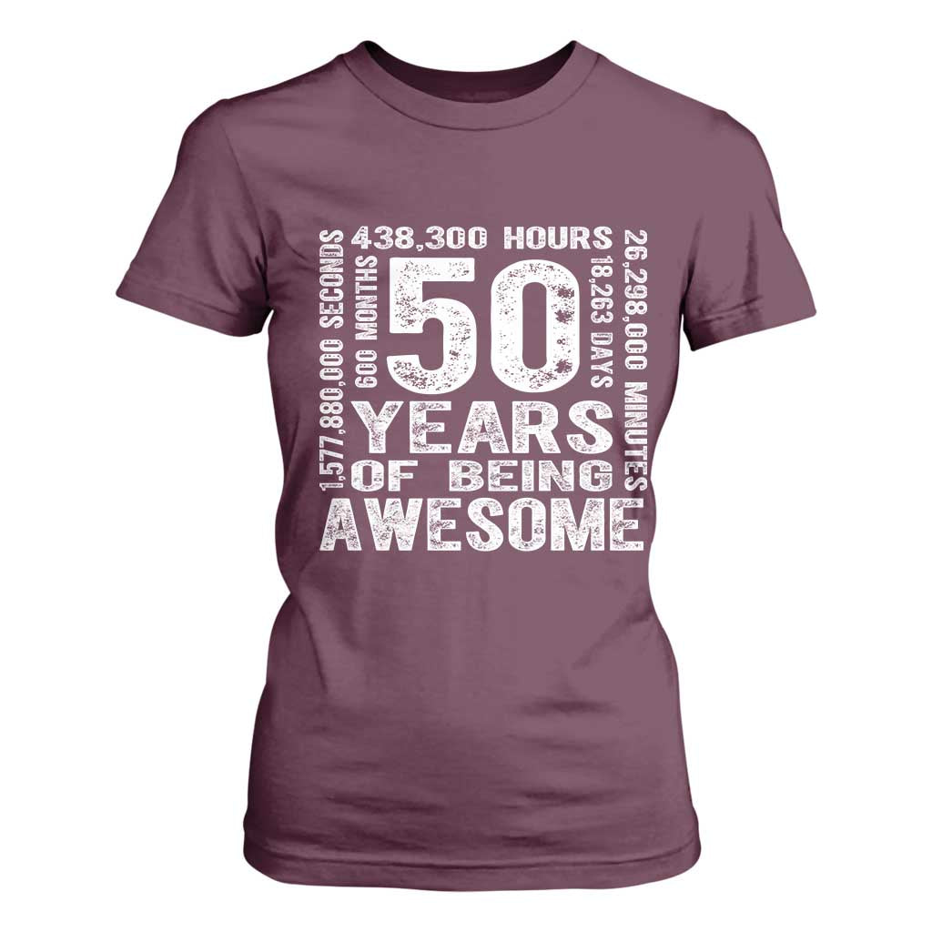 Funny 50th Birthday Gift T Shirt For Women 50 Years Of Being Awesome TS12 Maroon Print Your Wear