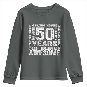 Funny 50th Birthday Gift Youth Sweatshirt 50 Years Of Being Awesome TS12 Dark Heather Print Your Wear