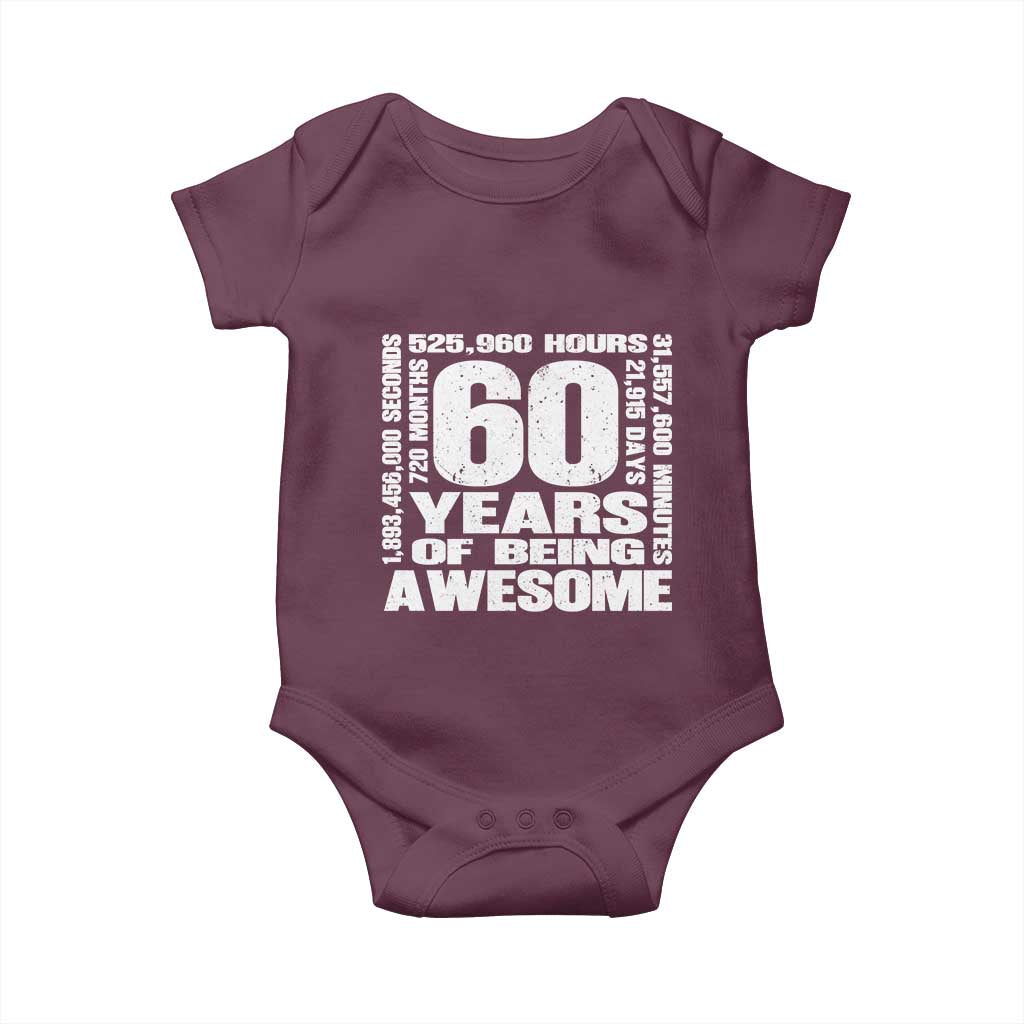 60th Milestone Birthday Gift Baby Onesie 60 Years Of Being Awesome TS12 Maroon Print Your Wear