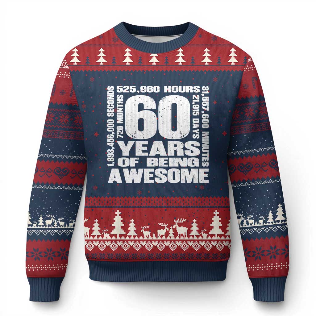 60th Milestone Birthday Gift Ugly Christmas Sweater 60 Years Of Being Awesome TS12 Navy Red Print Your Wear