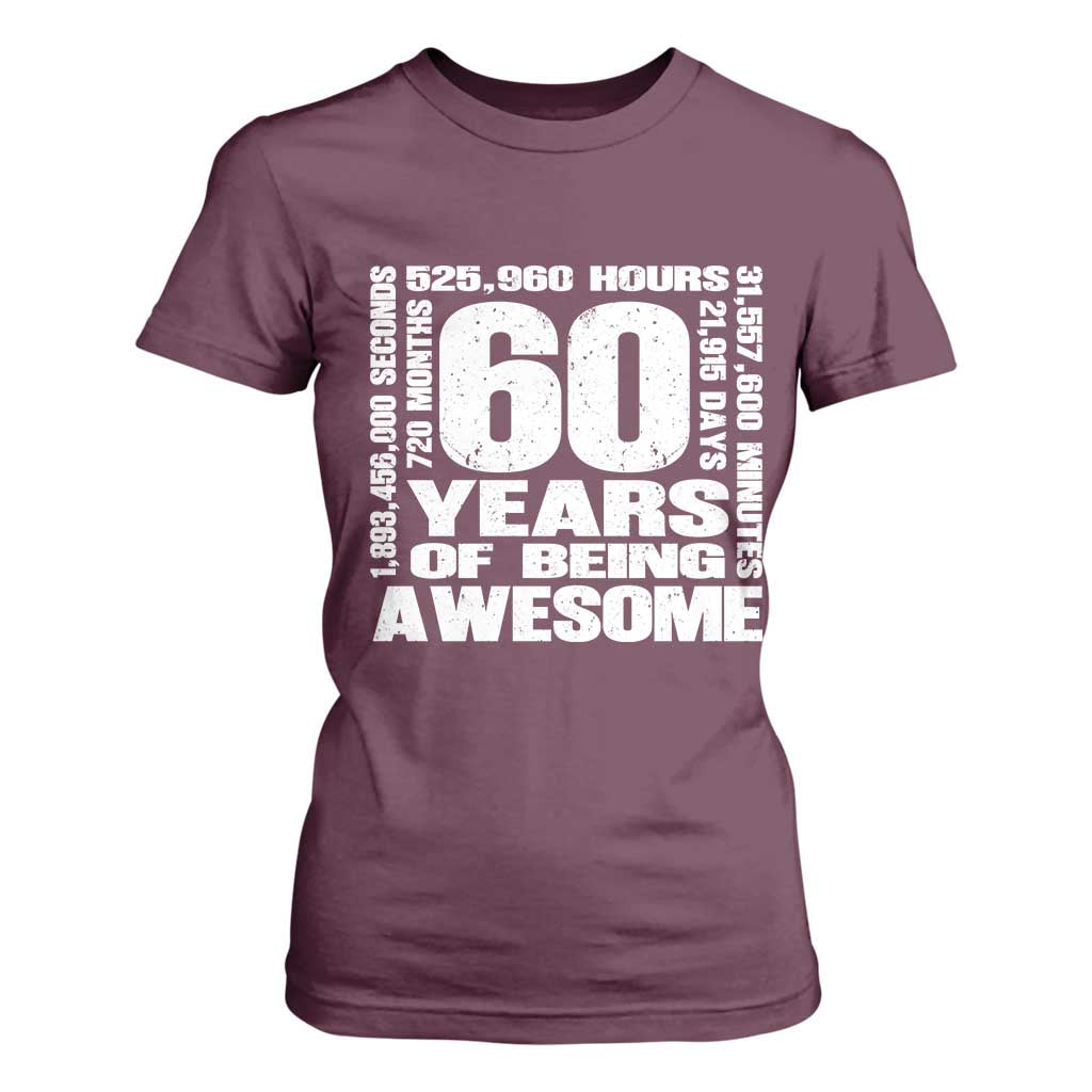60th Milestone Birthday Gift T Shirt For Women 60 Years Of Being Awesome TS12 Maroon Print Your Wear