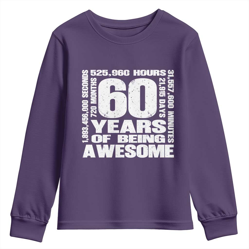 60th Milestone Birthday Gift Youth Sweatshirt 60 Years Of Being Awesome TS12 Purple Print Your Wear