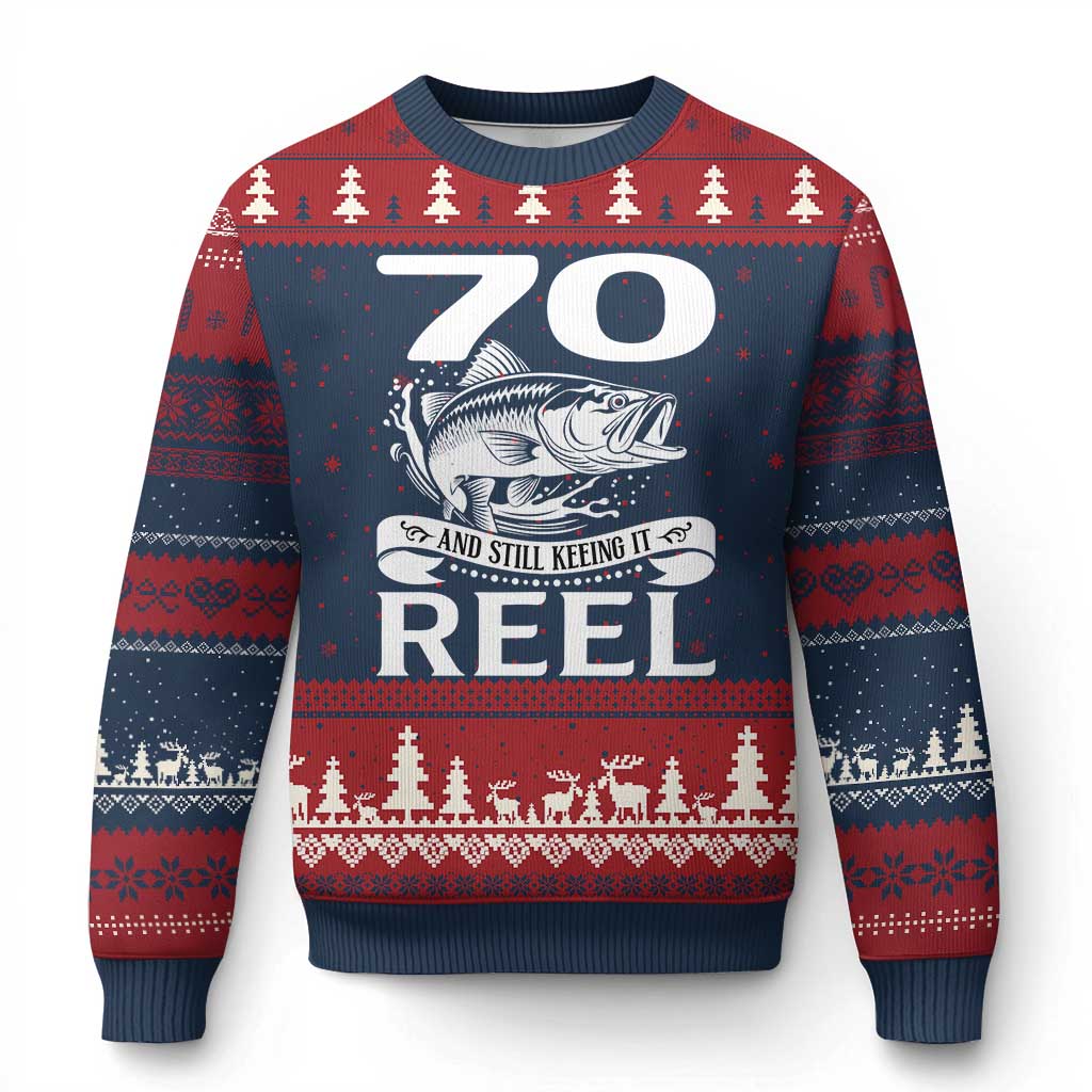 Still Keeping It Reel At 70 Ugly Christmas Sweater Fisherman Birthday Gift TS12 Navy Red Print Your Wear