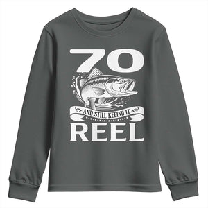 Still Keeping It Reel At 70 Youth Sweatshirt Fisherman Birthday Gift TS12 Dark Heather Print Your Wear