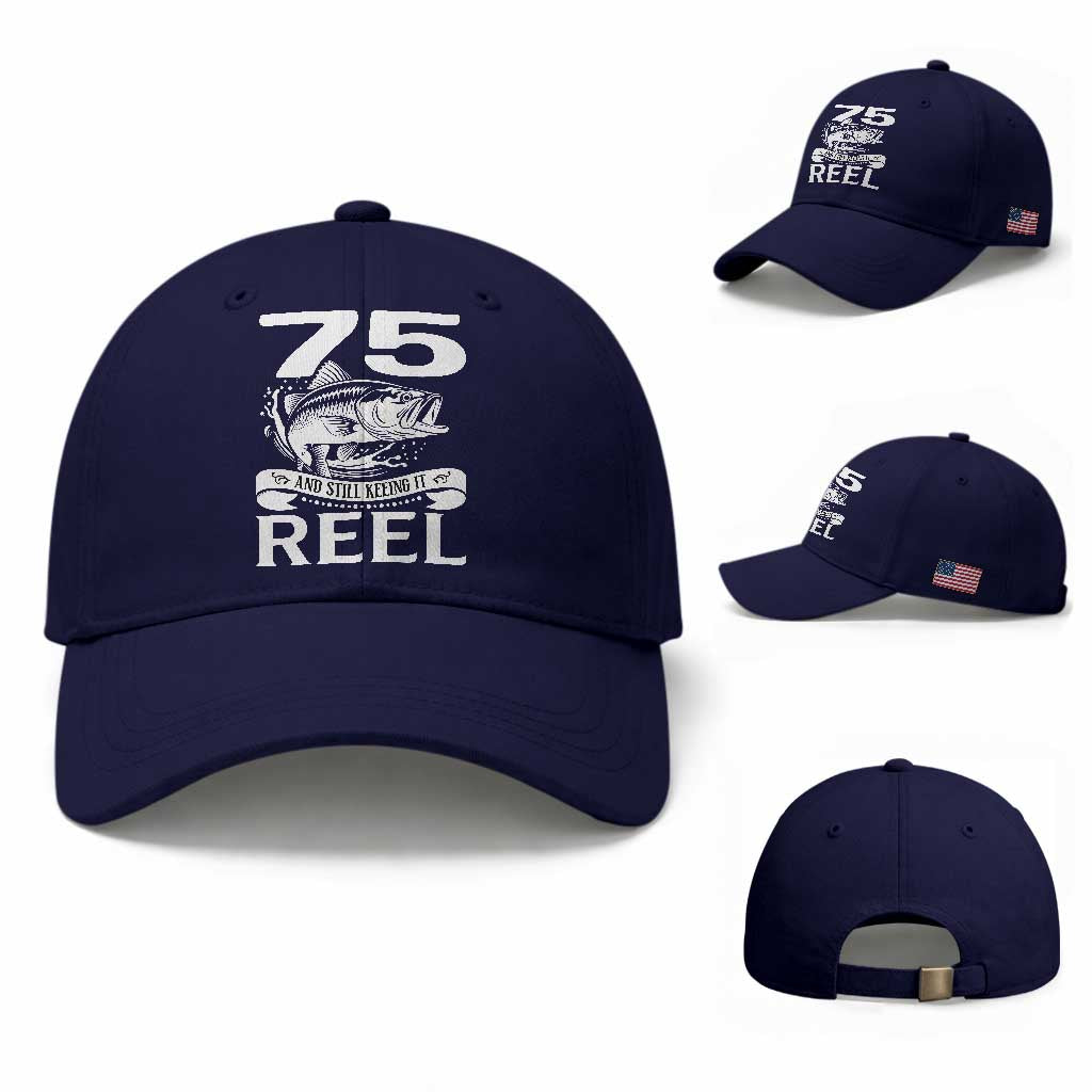 Still Keeping It Reel At 75 Baseball Cap Fisherman Birthday Gift TS12 Baseball Cap Universal Fit Dark Blue Print Your Wear