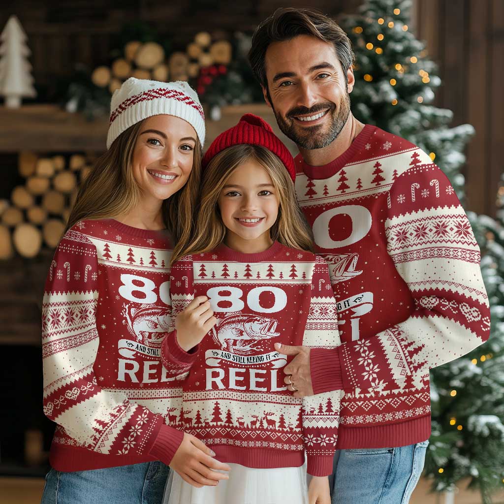 Still Keeping It Reel At 80 Ugly Christmas Sweater Fisherman Birthday Gift TS12 Red Beige Print Your Wear
