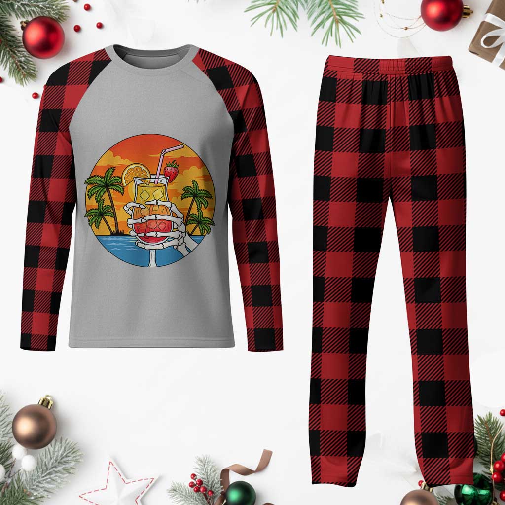 Tropical Skeleton Summerween Plaid Pajama Set Beach Cocktail Vacation