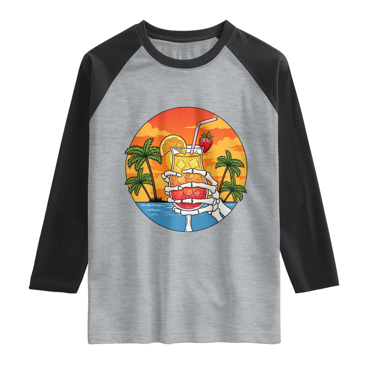 Tropical Skeleton Summerween Raglan Shirt Beach Cocktail Vacation