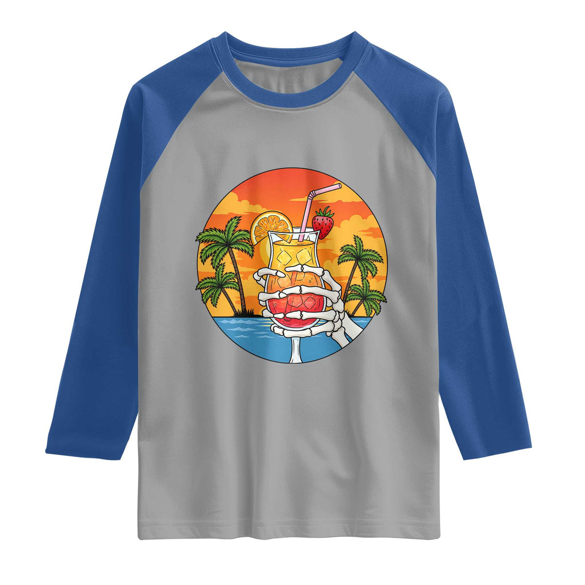 Tropical Skeleton Summerween Raglan Shirt Beach Cocktail Vacation