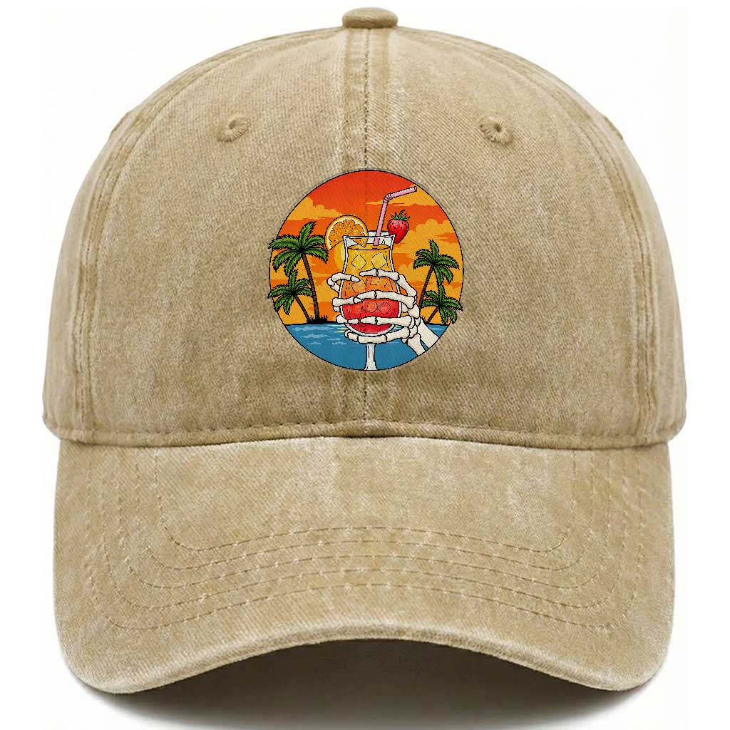 Tropical Skeleton Summerween Washed Cotton Baseball Cap Beach Cocktail Vacation TS12 Print Your Wear