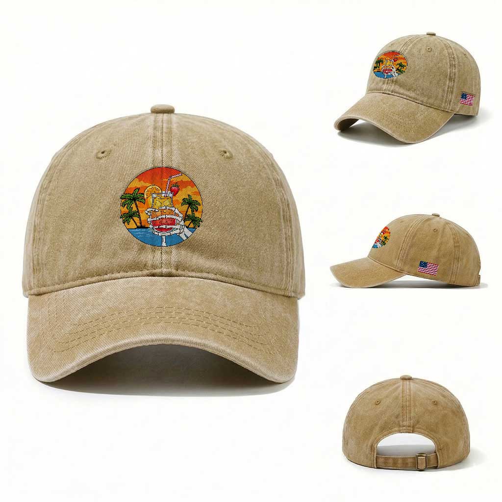 Tropical Skeleton Summerween Washed Cotton Baseball Cap Beach Cocktail Vacation