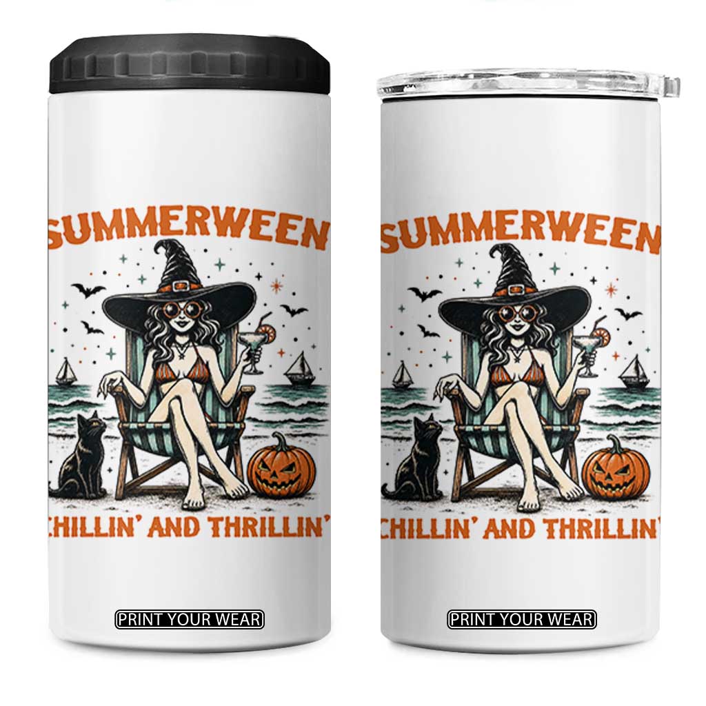 Witchy Beach Summerween Vacation 4 in 1 Can Cooler Tumbler Chillin And Thrillin