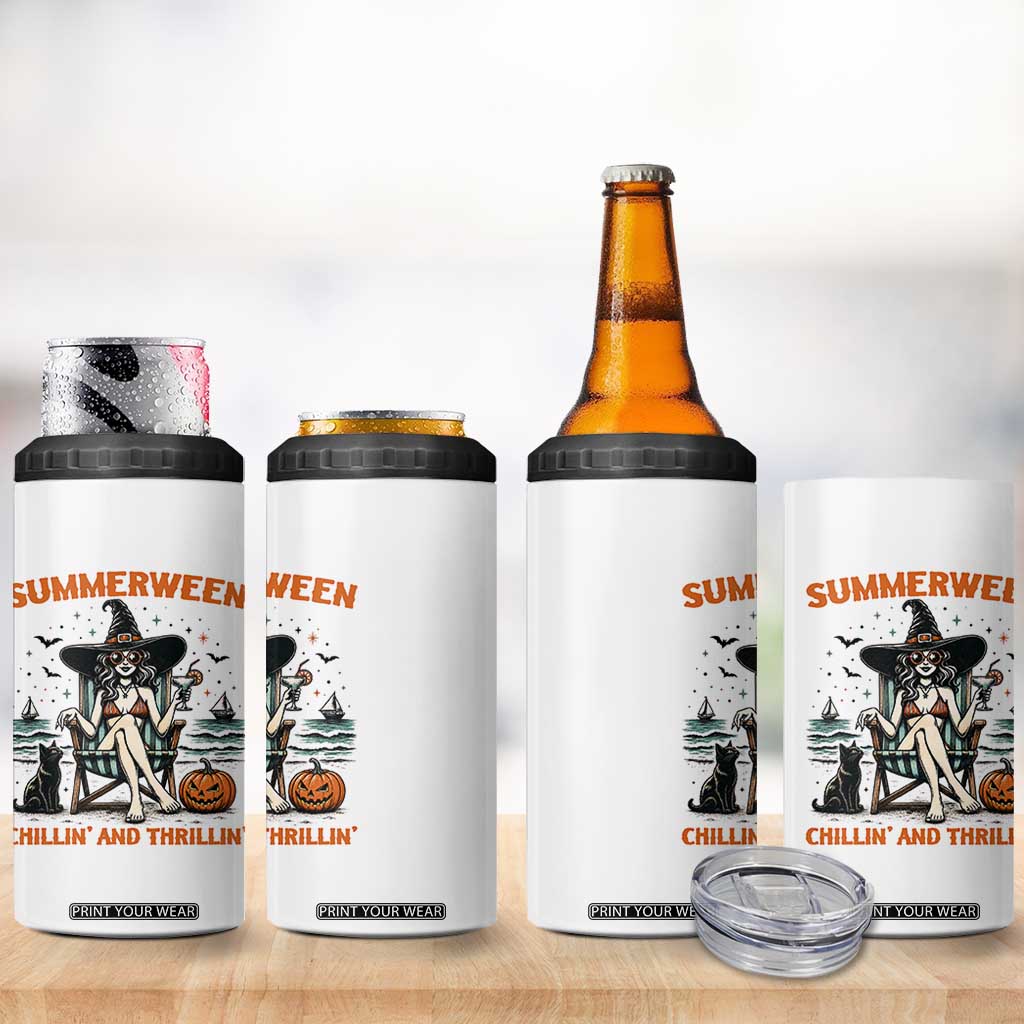 Witchy Beach Summerween Vacation 4 in 1 Can Cooler Tumbler Chillin And Thrillin