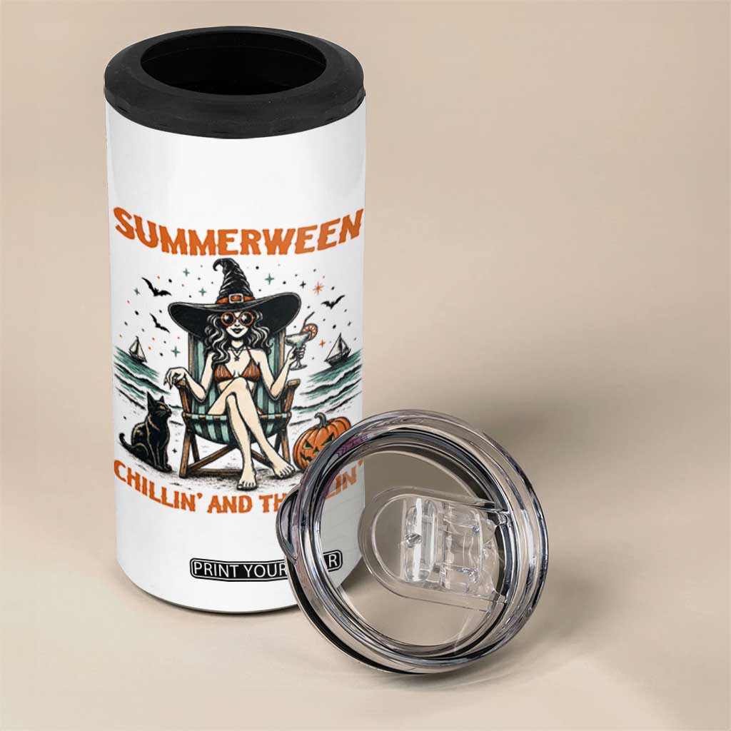 Witchy Beach Summerween Vacation 4 in 1 Can Cooler Tumbler Chillin And Thrillin