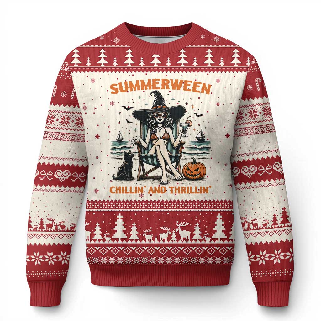 Witchy Beach Summerween Vacation Ugly Christmas Sweater Chillin And Thrillin