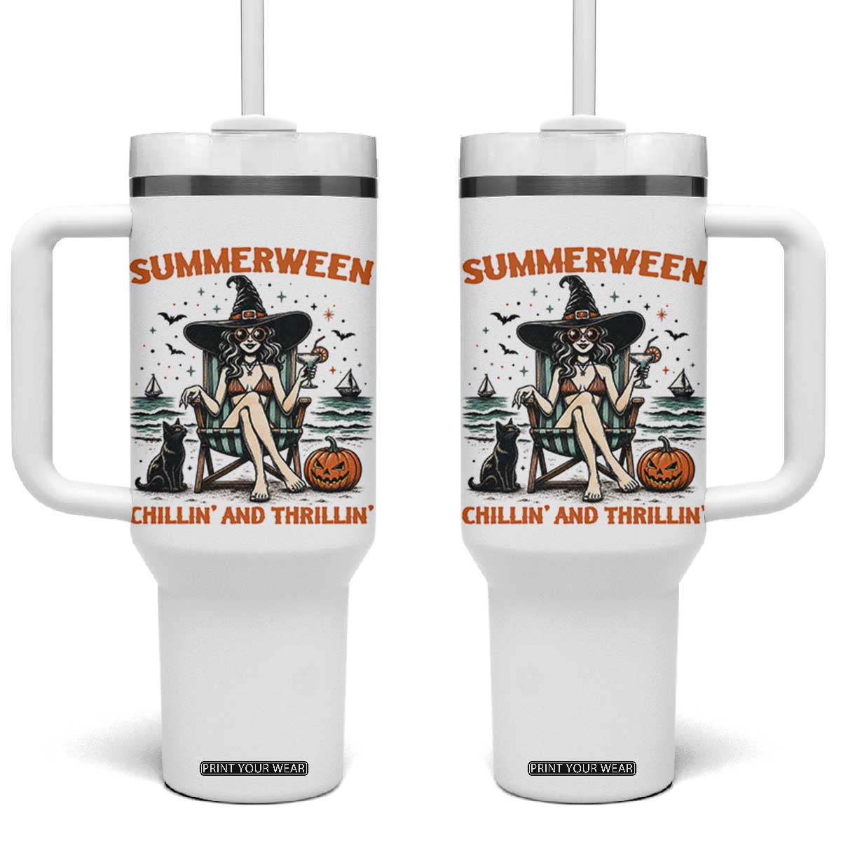 Witchy Beach Summerween Vacation Tumbler With Handle Chillin And Thrillin