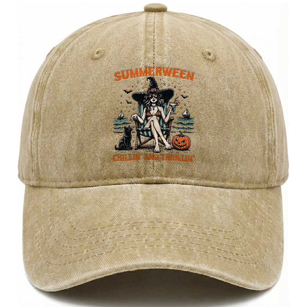 Witchy Beach Summerween Vacation Washed Cotton Baseball Cap Chillin And Thrillin TS12 Print Your Wear