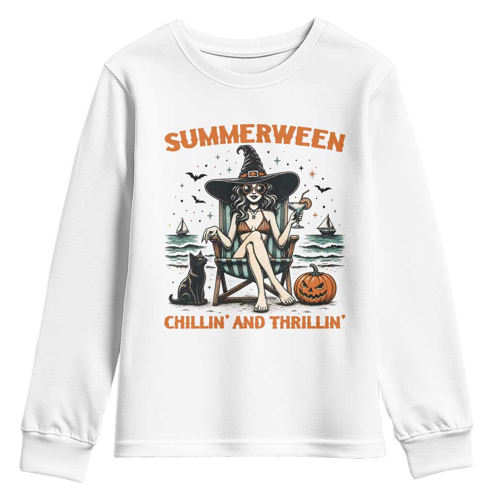 Witchy Beach Summerween Vacation Youth Sweatshirt Chillin And Thrillin TS12 White Print Your Wear
