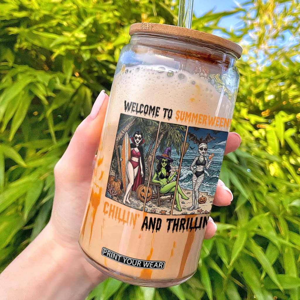 Welcome To Summerween Chillin And Thrillin Glass Can Funny Summer Halloween