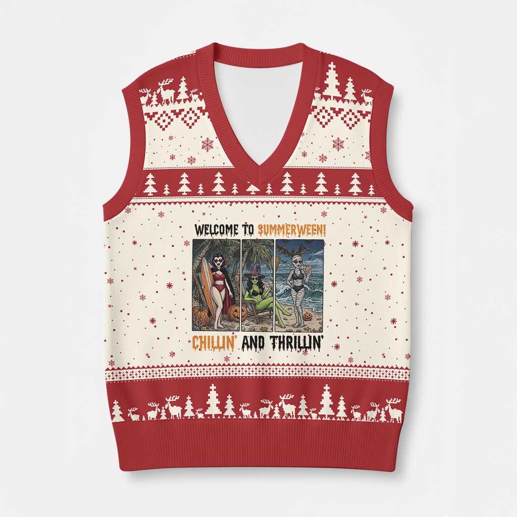 Welcome To Summerween Chillin And Thrillin V-Neck Knit Sweater Vest Funny Summer Halloween TS12 Beige Red Print Your Wear