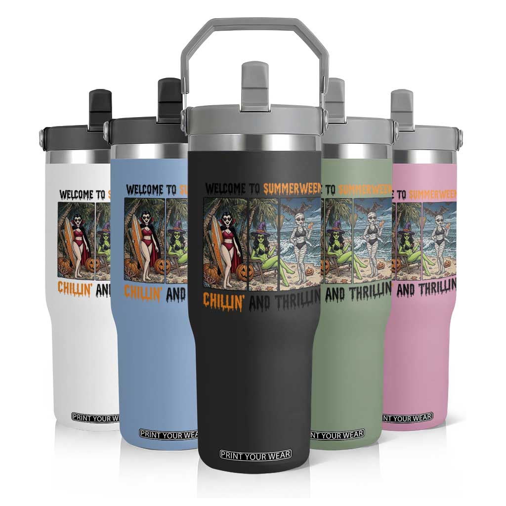 Welcome To Summerween Chillin And Thrillin Flip Straw Tumbler Funny Summer Halloween