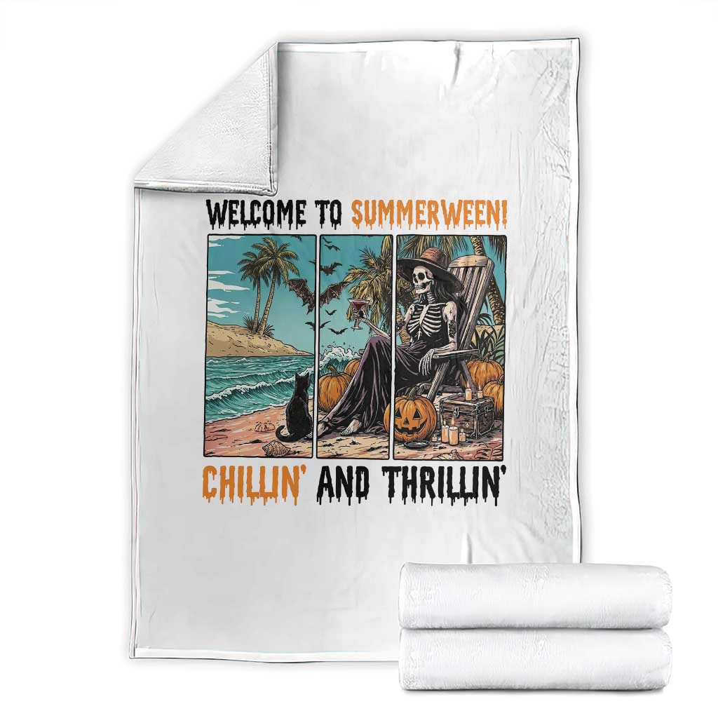 Welcome To Summerween Chillin And Thrillin Throw Blanket Spooky Beach Party Gift TS12 White Print Your Wear