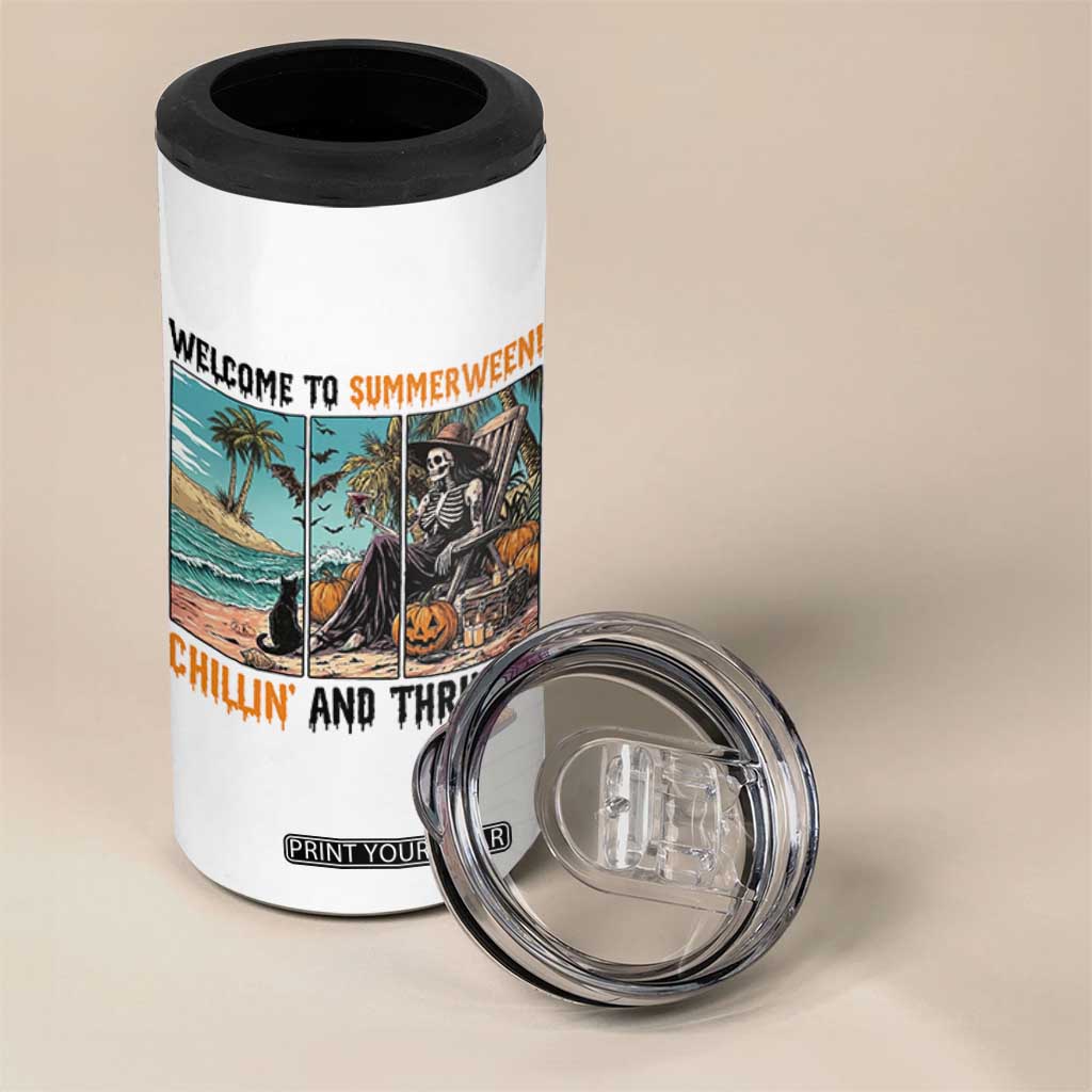 Welcome To Summerween Chillin And Thrillin 4 in 1 Can Cooler Tumbler Spooky Beach Party Gift