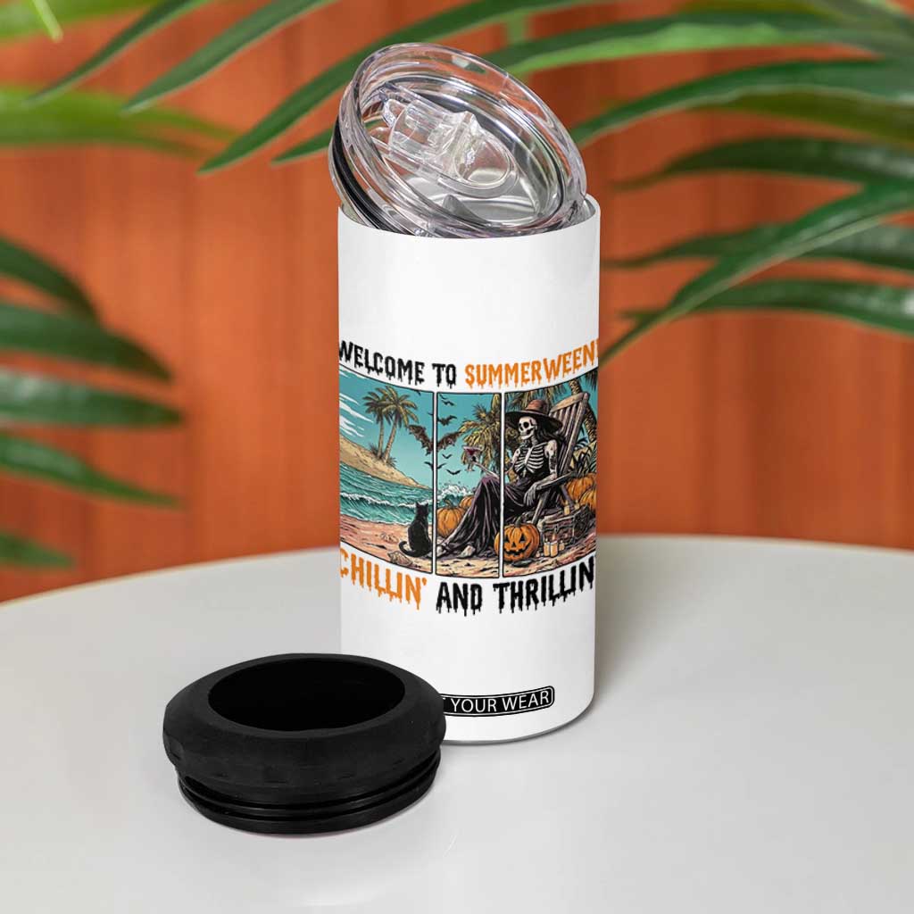 Welcome To Summerween Chillin And Thrillin 4 in 1 Can Cooler Tumbler Spooky Beach Party Gift