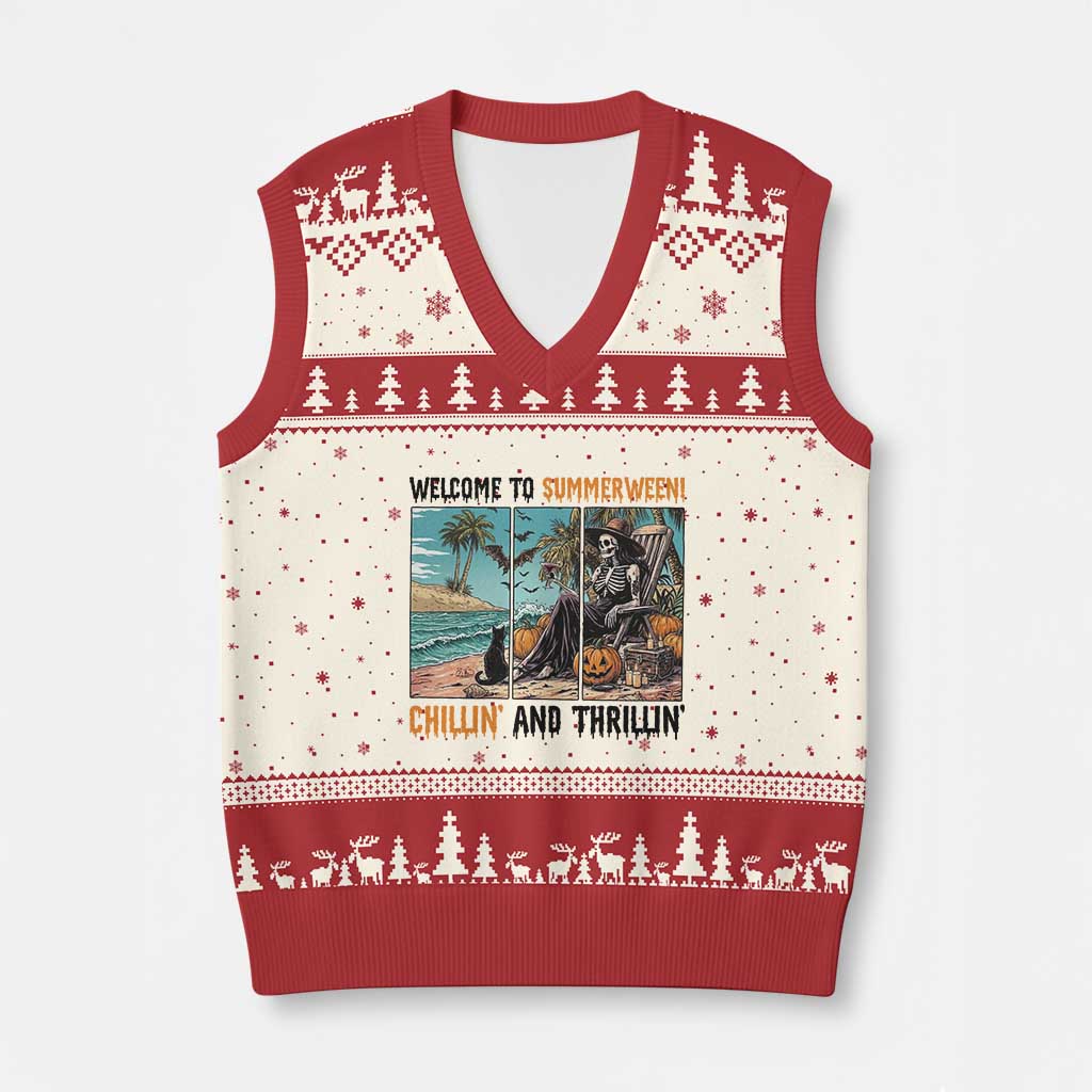 Welcome To Summerween Chillin And Thrillin V-Neck Knit Sweater Vest Spooky Beach Party Gift TS12 Beige Red Print Your Wear