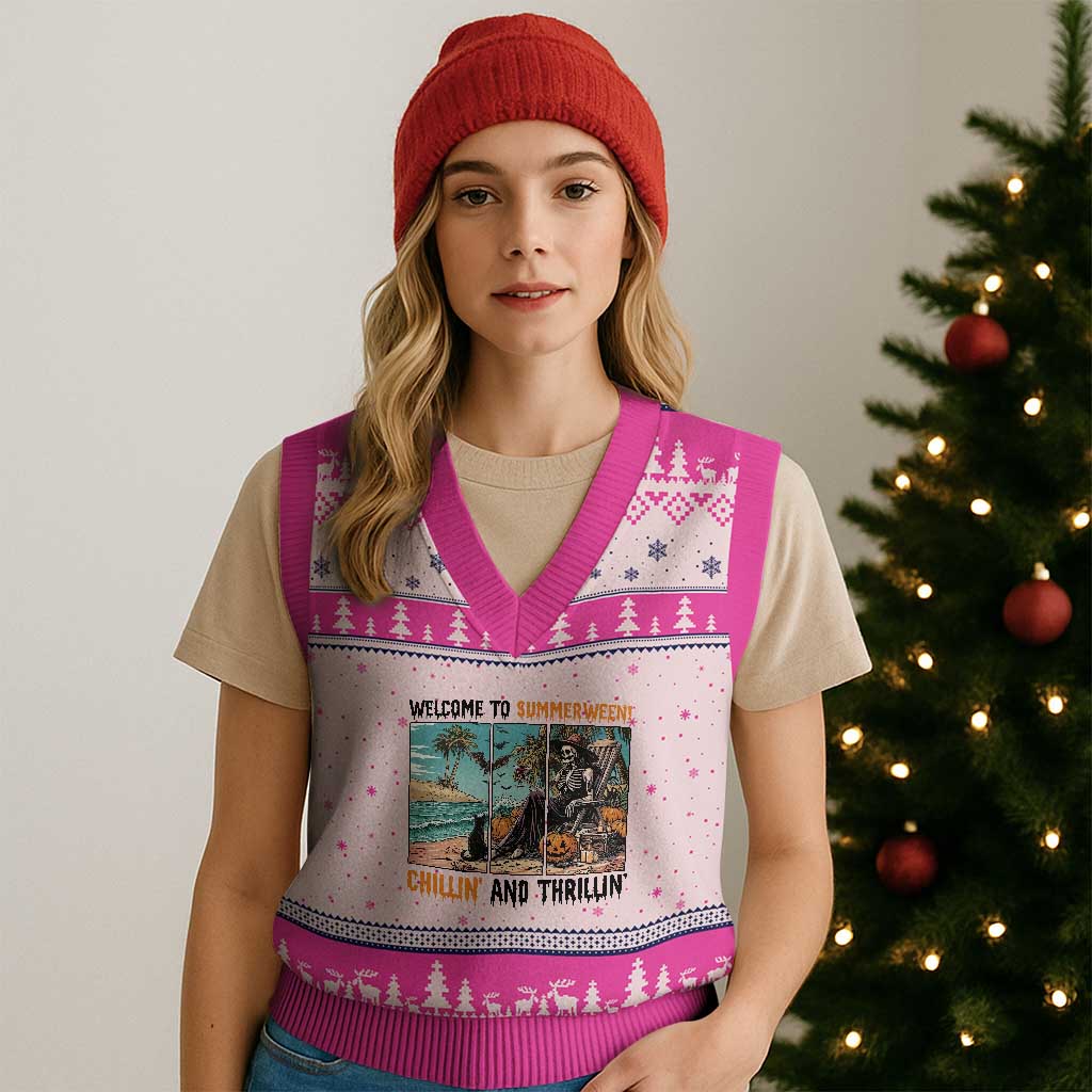 Welcome To Summerween Chillin And Thrillin V-Neck Knit Sweater Vest Spooky Beach Party Gift