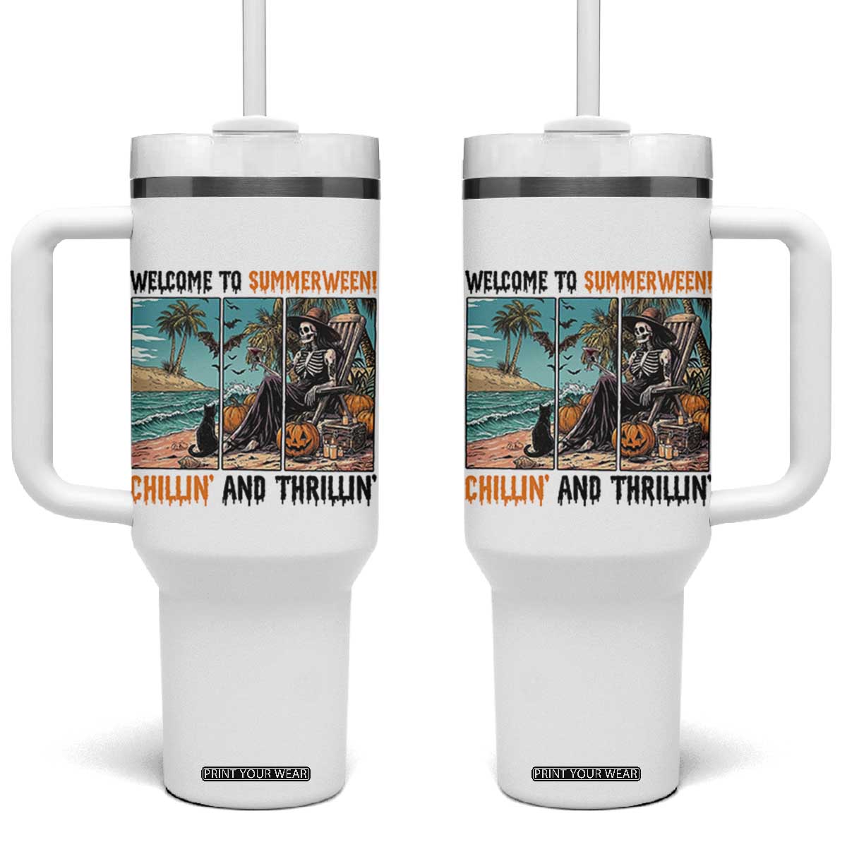 Welcome To Summerween Chillin And Thrillin Tumbler With Handle Spooky Beach Party Gift