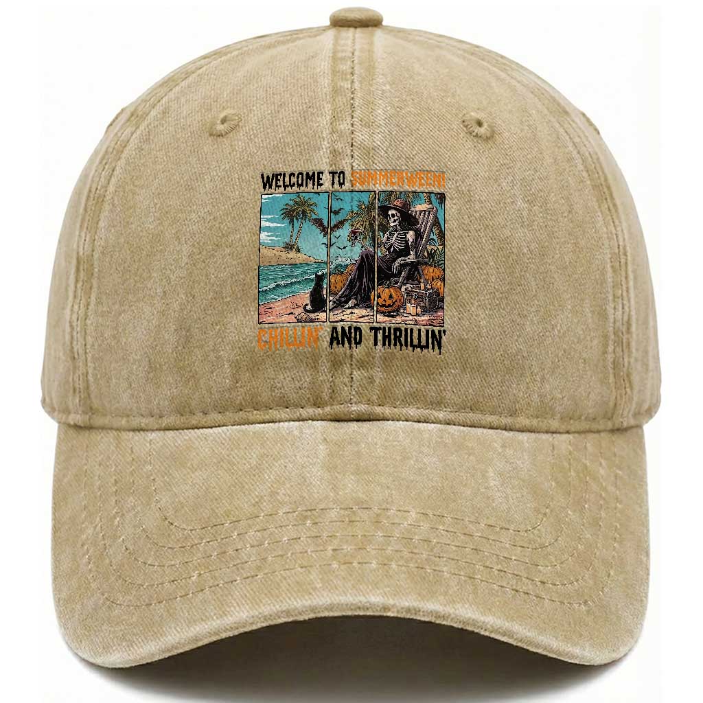 Welcome To Summerween Chillin And Thrillin Washed Cotton Baseball Cap Spooky Beach Party Gift TS12 Print Your Wear