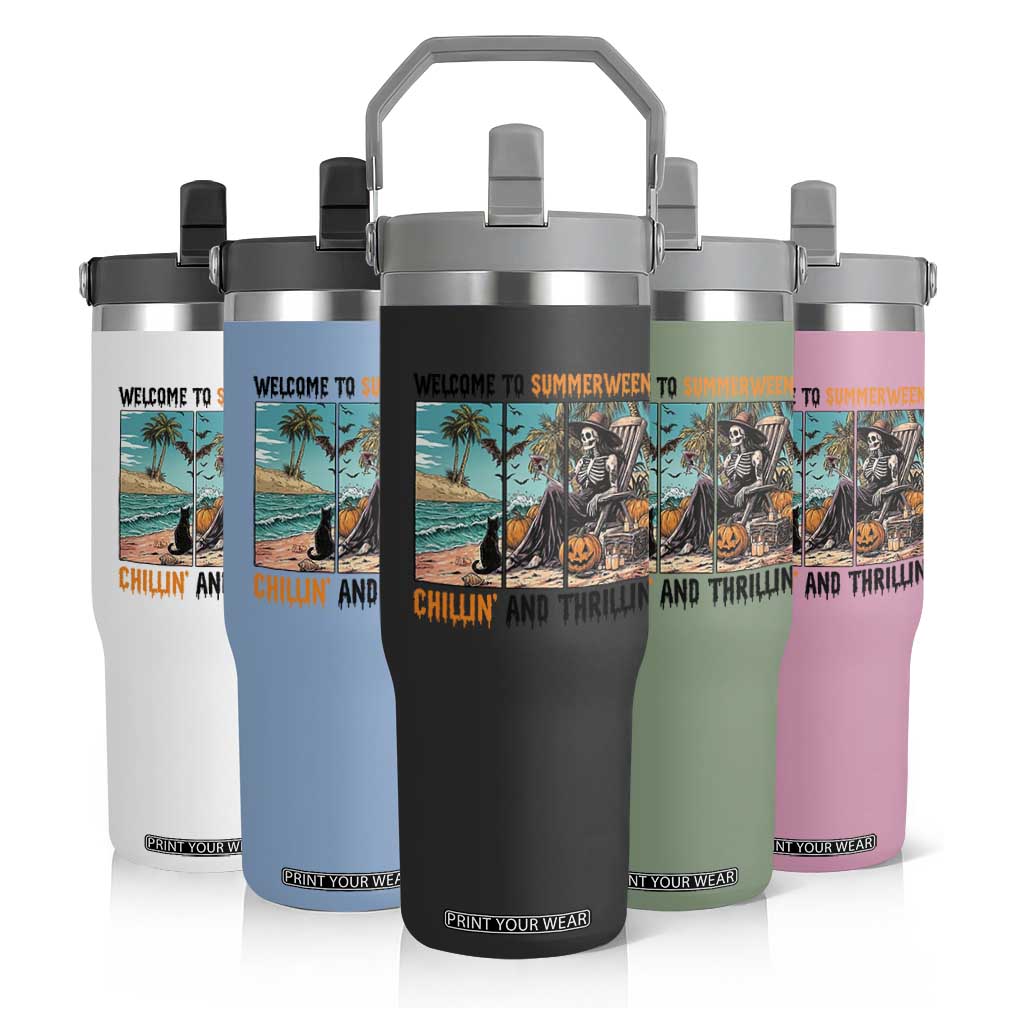 Welcome To Summerween Chillin And Thrillin Flip Straw Tumbler Spooky Beach Party Gift