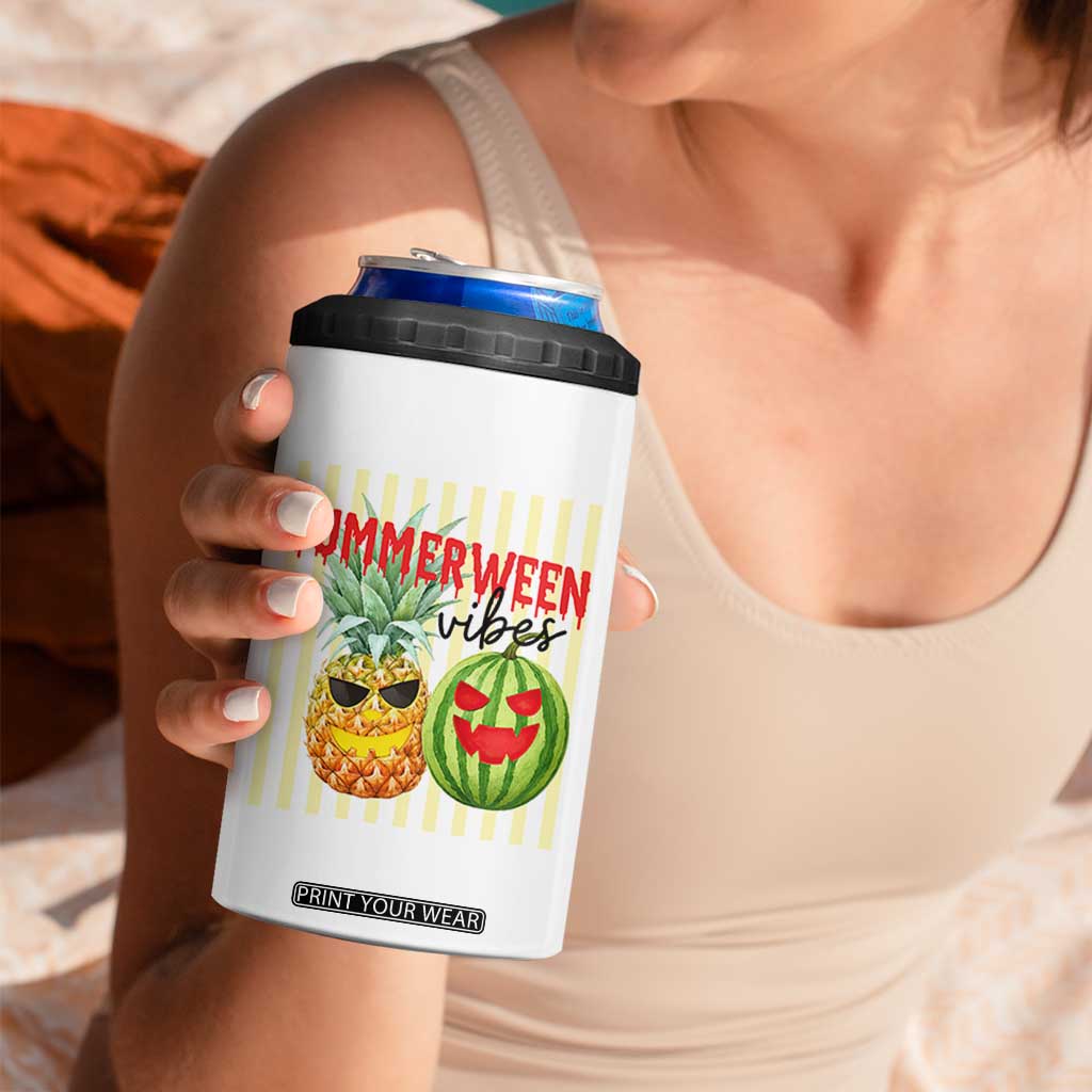 Funny Summerween Fruit 4 in 1 Can Cooler Tumbler Spooky Pineapple Watermelon Graphic