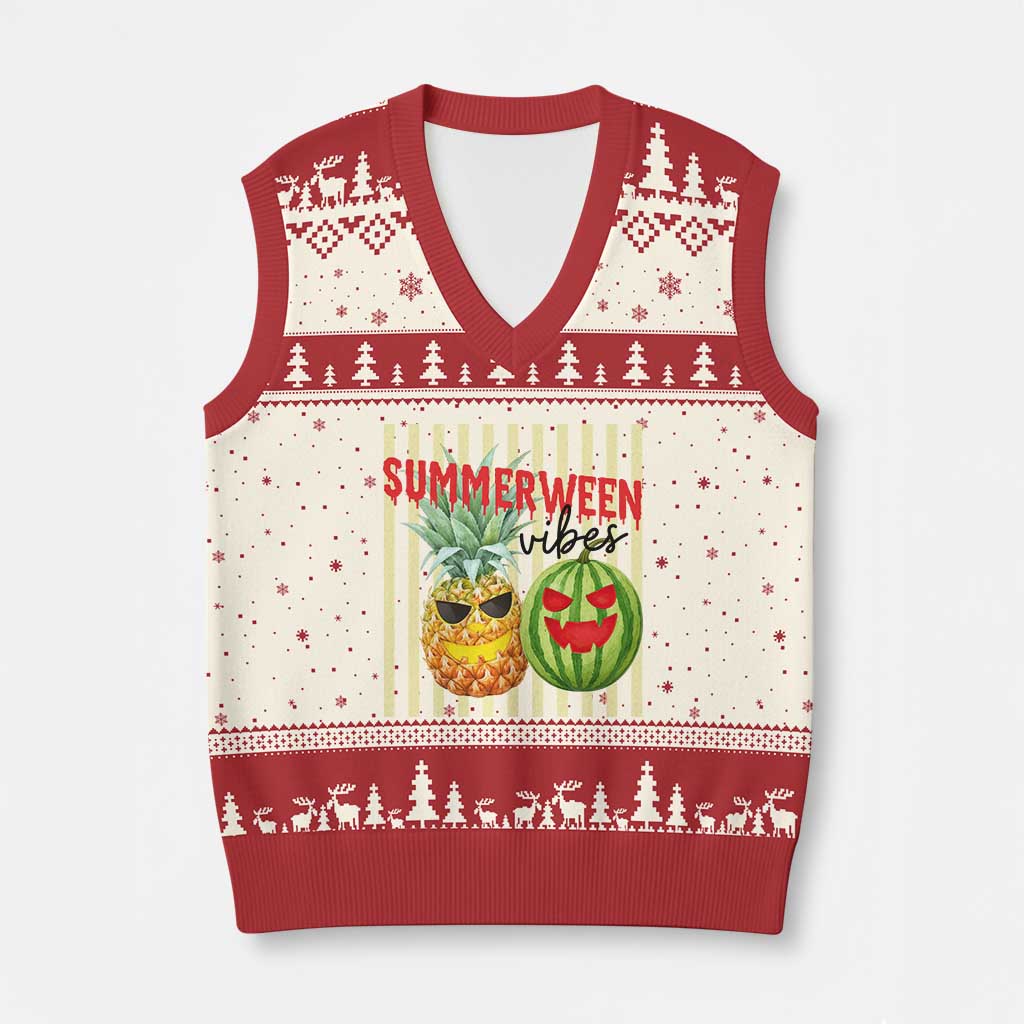 Funny Summerween Fruit V-Neck Knit Sweater Vest Spooky Pineapple Watermelon Graphic